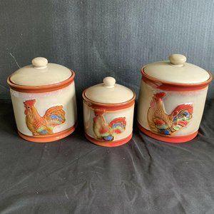 Set Of 3 Rooster Canisters Stoneware Chicken